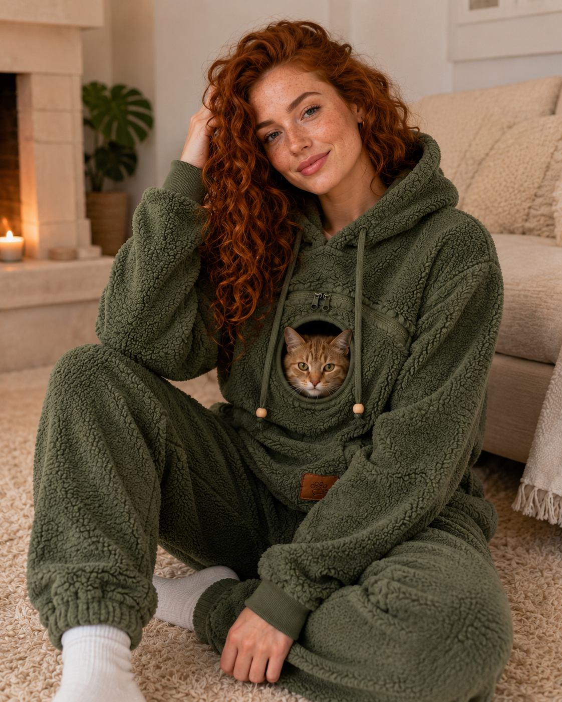 Woman by a fireplace in the olive PawHug hoodie with a cat in the chest pouch